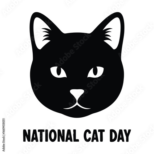 Black cat face silhouette with National Cat Day text feline animal