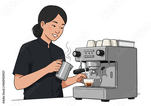 Skilled barista expertly crafts a steaming espresso, creating a perfect cup of coffee in a modern cafe setting.