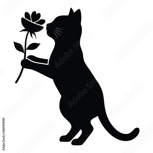 Black cat silhouette smelling a single rose on a white background flower