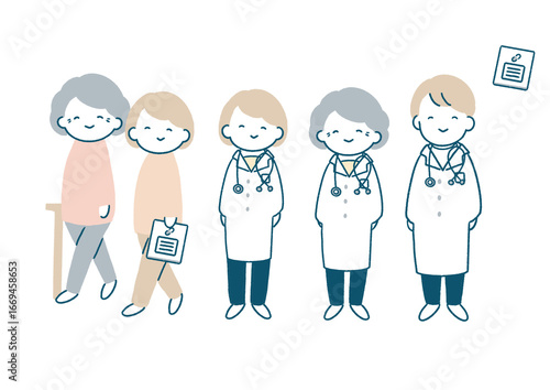 杖をつく女性とほほえむお医者さんのイラストセット