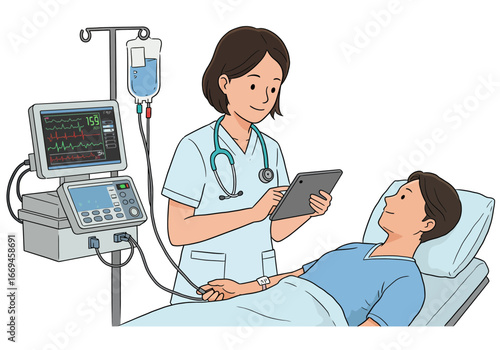 Caring nurse monitors patient vitals using tablet next to medical equipment in hospital room