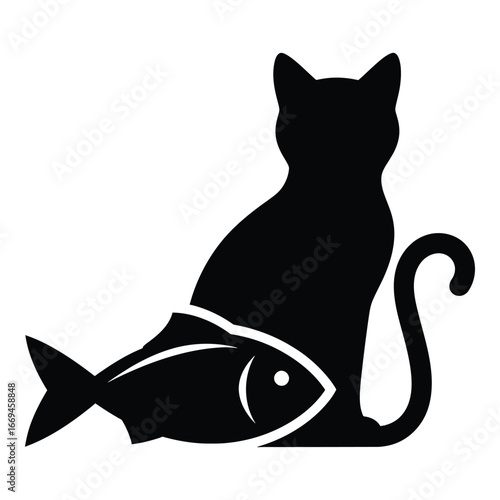 Black silhouette of a cat sitting next to a stylized fish white
