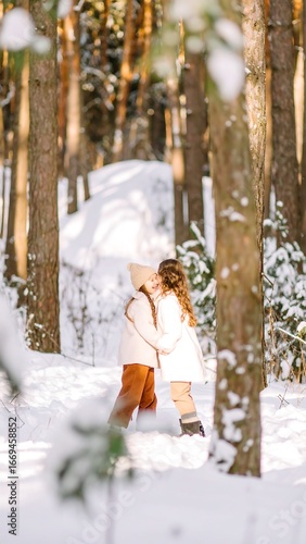 Two women embrace in snowy forest
