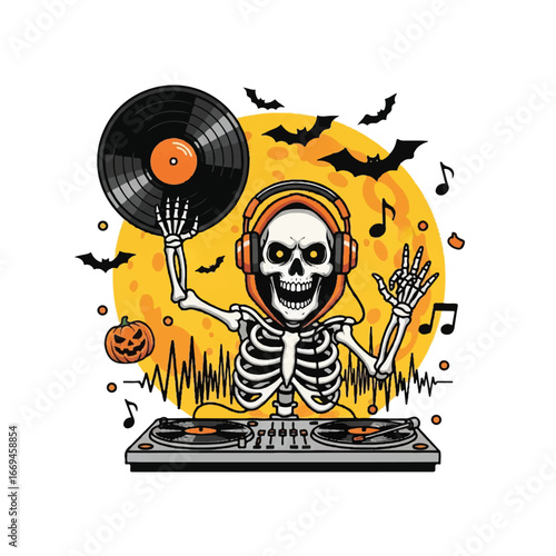 A skeleton DJ with headphones spinning a record on a turntable under a Halloween moon.