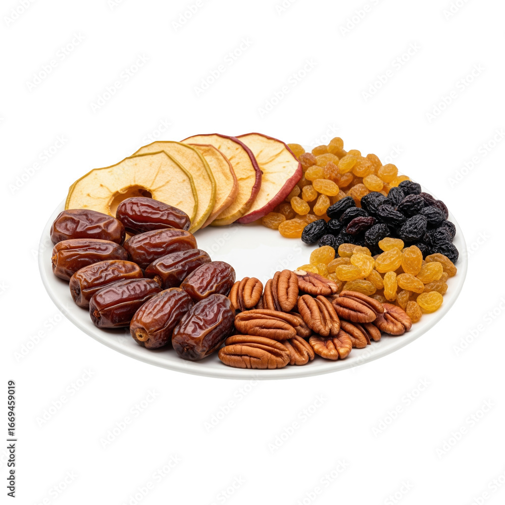 Obraz premium A delicious assortment of dates, dried apples, golden and dark raisins, and pecans arranged on a white plate, perfect for a healthy snack or energy boost.