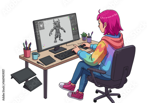 Creative artist designing 3D character on computer, immersed in digital art creation
