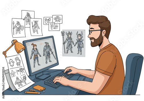 Creative artist designs fantasy characters on computer, surrounded by sketches and inspiration