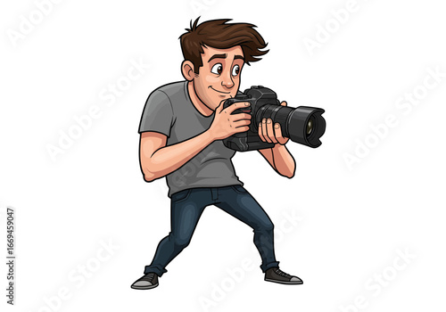 Enthusiastic photographer captures moments with professional camera, ready for action shots
