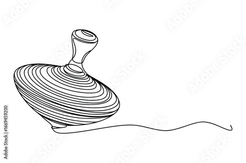 Vintage wooden spinning top toy with string unwinding and spinning in motion hand drawn sketch illustration
