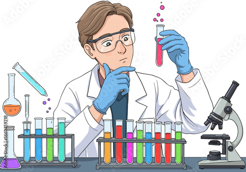 Scientist intently observes colorful liquid in test tube surrounded by lab equipment, focused on discovery