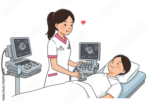 Caring nurse performs ultrasound scan on smiling patient, highlighting medical care and hope