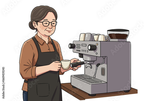 Experienced barista proudly serving fresh coffee from a professional espresso machine in a cozy cafe setting.