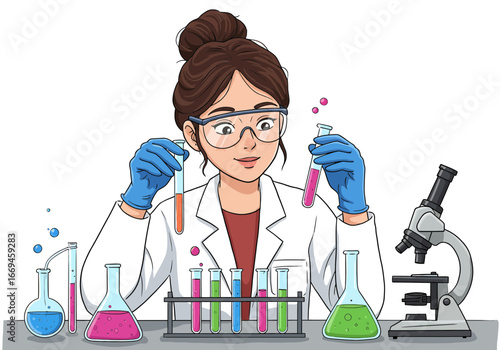 Curious scientist experiments with colorful liquids in lab discovering new formulas with dedication and precision