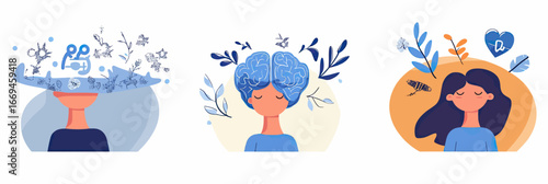 Set of three mental health illustrations showing person overwhelmed with chaotic thoughts, brain with introspective concept, and relaxed woman with peaceful emotions in minimalist flat style