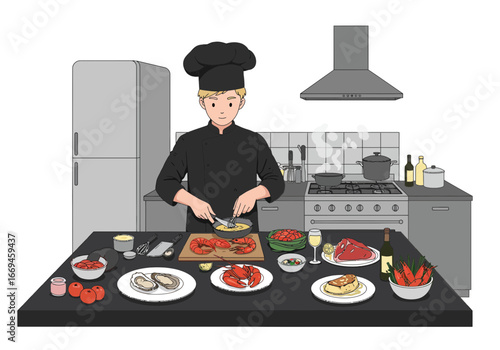 Skilled chef expertly prepares gourmet seafood and steak in a modern kitchen setting