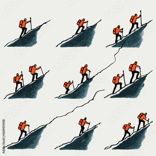 People are climbing a steep slope, using trekking poles for support. They wear bright orange backpacks and are engaged in outdoor exploration, showcasing the determination of hikers.
