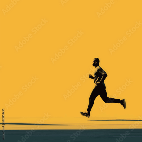 A person runs swiftly across a smooth surface under bright sunlight. The striking yellow backdrop enhances the feeling of speed and movement during this active moment.