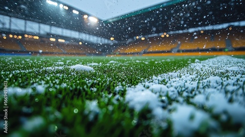 Snowy soccer field at stadium