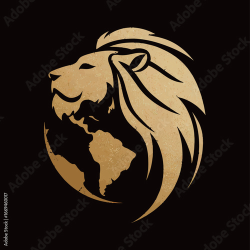 A powerful lion design encircles a globe, symbolizing strength, bravery, and unity. The gold color contrasts sharply against a dark background, creating a bold visual impact.
