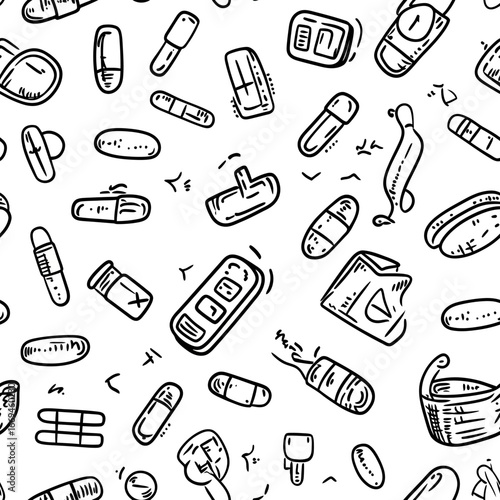 Seamless hand drawn medicine pills capsules inhaler insulin syringe glucose meter black line art pattern background vector illustration for healthcare and pharmacy concepts