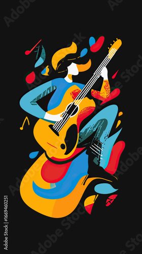 Colorful abstract illustration of guitar player musician performing with acoustic guitar in dynamic minimalist style vector artwork on black background