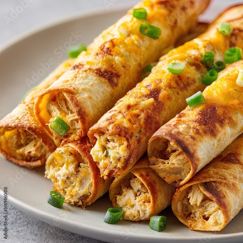 Baked Cream Cheese Chicken Taquitos - Ingredients: Shredded chicken, cream cheese, tortillas, shredded cheese, taco seasoning, green onions