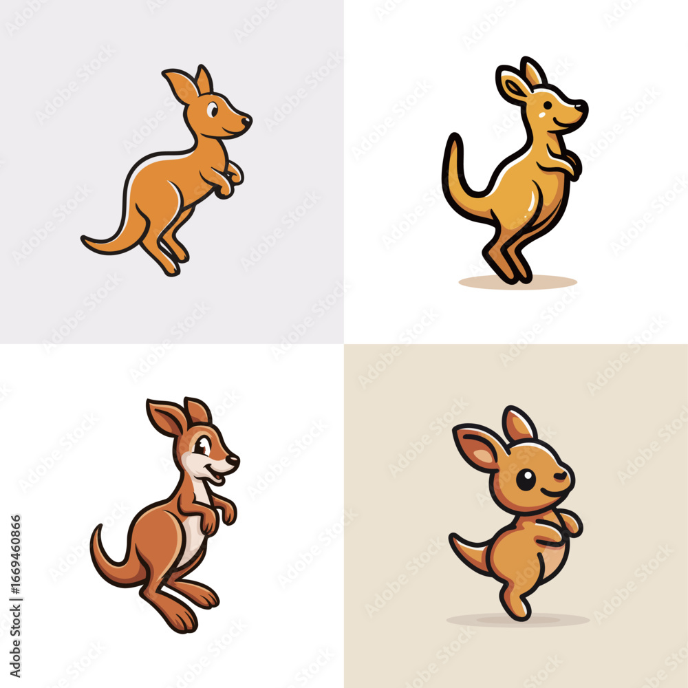 Obraz premium Four different cartoon-style kangaroo characters display lively poses, highlighting a playful and energetic theme. Each kangaroo showcases unique features in vibrant colors.