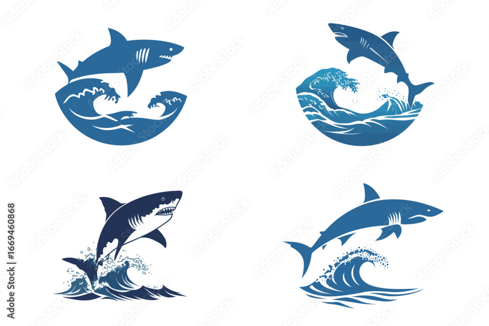 Obraz premium This collection features various stylized shark designs interacting with waves, highlighting the beauty of marine life and the power of oceanic elements.