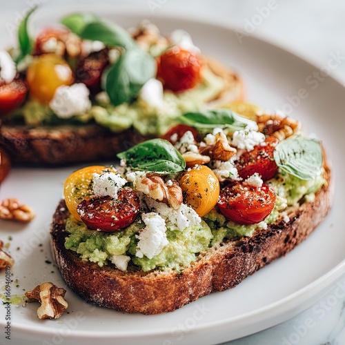 Close-up of artisanal avocado toast topped with feta cheese, cherry tomatoes, walnuts, and fresh basil on crusty sourdough bread - clean white plate, soft