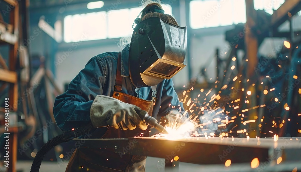 A welder, wearing protective gear, skillfully welds metal in an industrial setting, sparks flying A welder, wearing protective gear, skillfully welds metal in an industrial setting, sparks flying