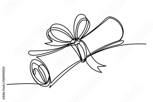 Elegant continuous line drawing of a rolled diploma or certificate tied with a ribbon and bow symbolizing achievement and education