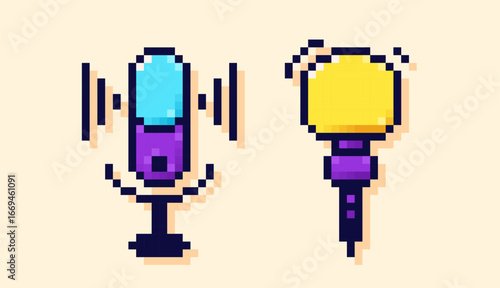 8-bit pixel art color icons. Two microphones of different shapes.
