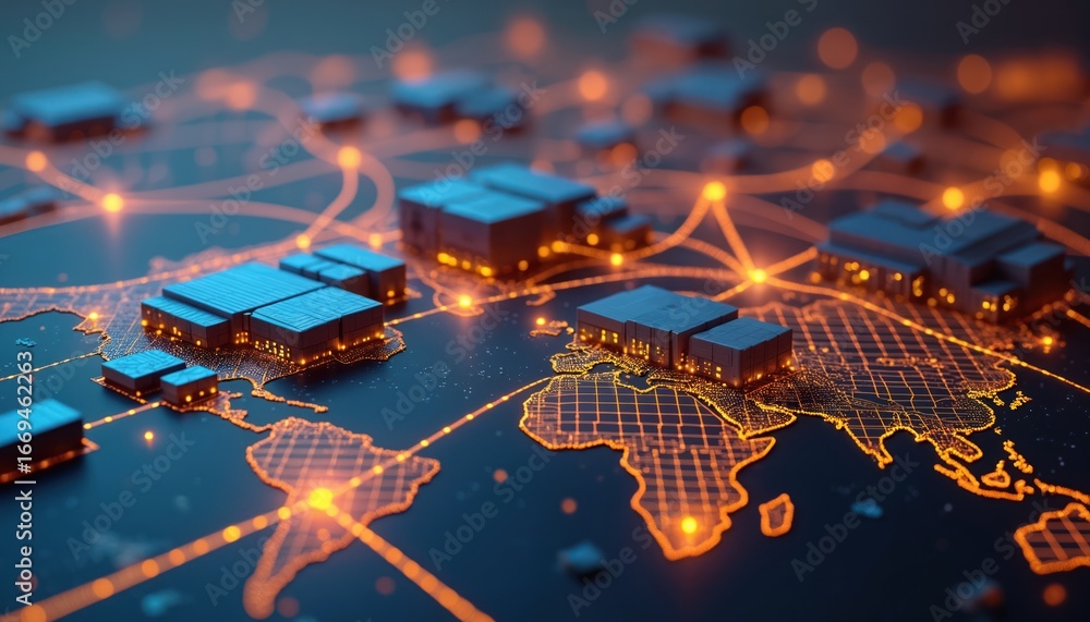 © Viktor - Futuristic 3D holographic map displays glowing supply chain pathways, global warehouses. Digital network visualizes connectivity, transportation routes. Modern technology optimizes logistics,