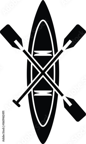 Vector art of simple black and white illustration of a canoe with crossed paddles