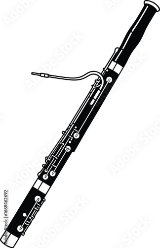 Vector art of detailed line art of a bassoon musical instrument, showing keys