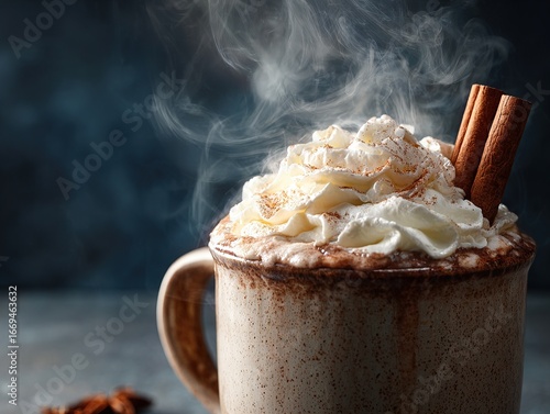 Steaming mug of rich hot chocolate topped with whipped cream and fragrant cinnamon sticks on a dark moody background