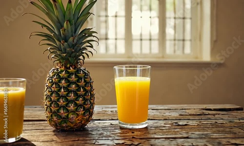 a glass of pineapple juice on a table next to a fresh whole pineapple with sunlight coming in from the window