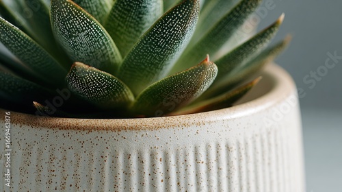 Close-up of a beautiful succulent plant nestled in a textured ceramic pot against a soft gray backdrop