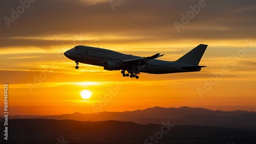 Wallpaper Mural Airplane silhouetted against a bright orange sunset with mountains in the background during takeoff Torontodigital.ca