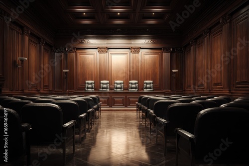 Corporate bankruptcy hearing room set in an empty venue featuring polished wood paneling  elegant chairs  and dimly lit overhead lights