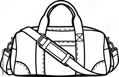 Vector art of detailed line drawing of a duffel bag with handles and a shoulder strap