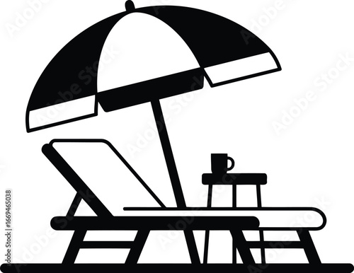 Illustration of a beach chair with an umbrella and a table