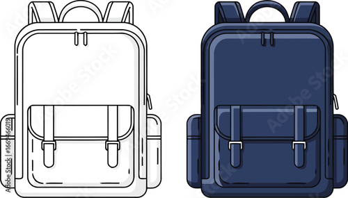 Vector art of two backpacks, one in white outline and one in blue
