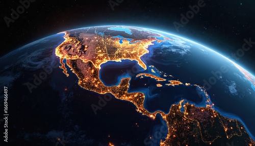 Night view of Earth from space, illuminating North America, parts of Central America with glowing city lights. Atmospheric patterns, weather systems visible over oceans, showing planet vastness,