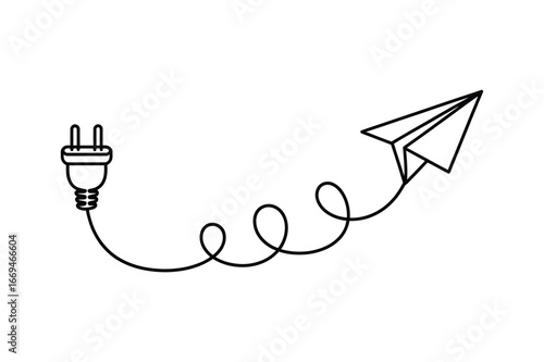 Conceptual illustration of a paper airplane connected by a coiled cord to an electrical plug symbolizing innovation and powered ideas