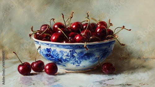 An oil painting of cherries in an antique blue and white china bowl, in the style of a vintage style, on a light background