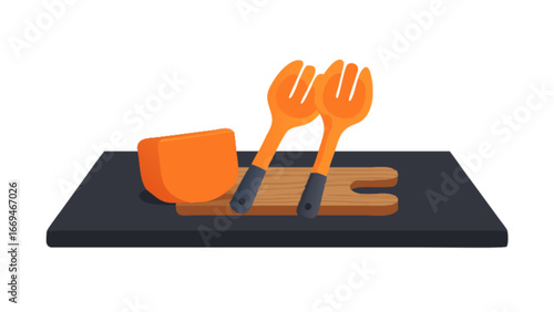 Get ready to toss the perfect salad with this wooden cutting board, delicious cheese, and vibrant serving utensils for a delightful and healthy meal, originally designed as scalable vector graphics