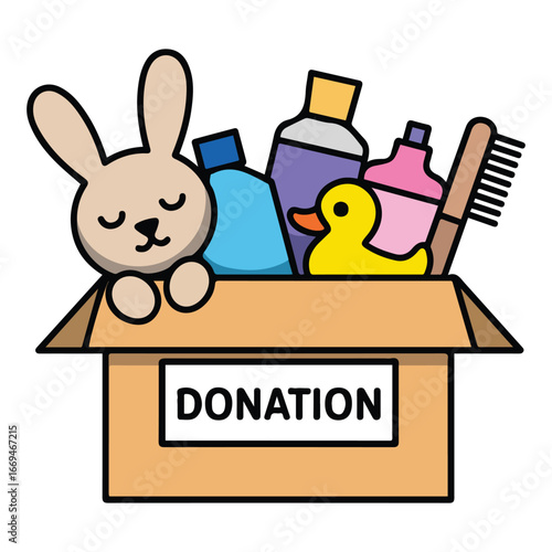 Cardboard box with toys kids cosmetics donations vector illustration on white background