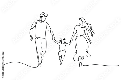Continuous line drawing of a happy family of three walking together holding hands with a child in the middle