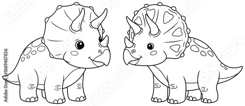 Dinosaur vector illustration of baby triceratops in cute cartoon style with three horns and frill, designed for kids coloring pages and creative projects